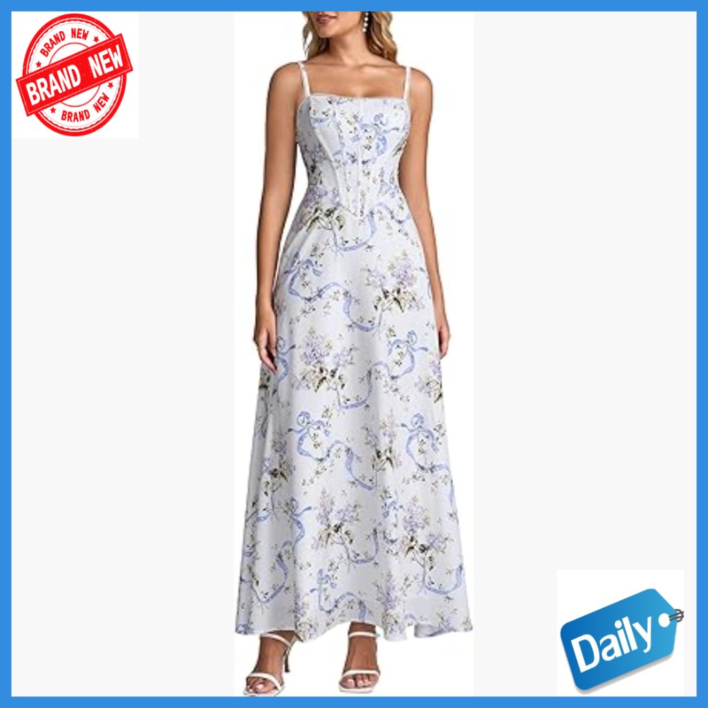Floral Corset Maxi Dress Spaghetti Strap A-Line Backless Wedding Guest Formal